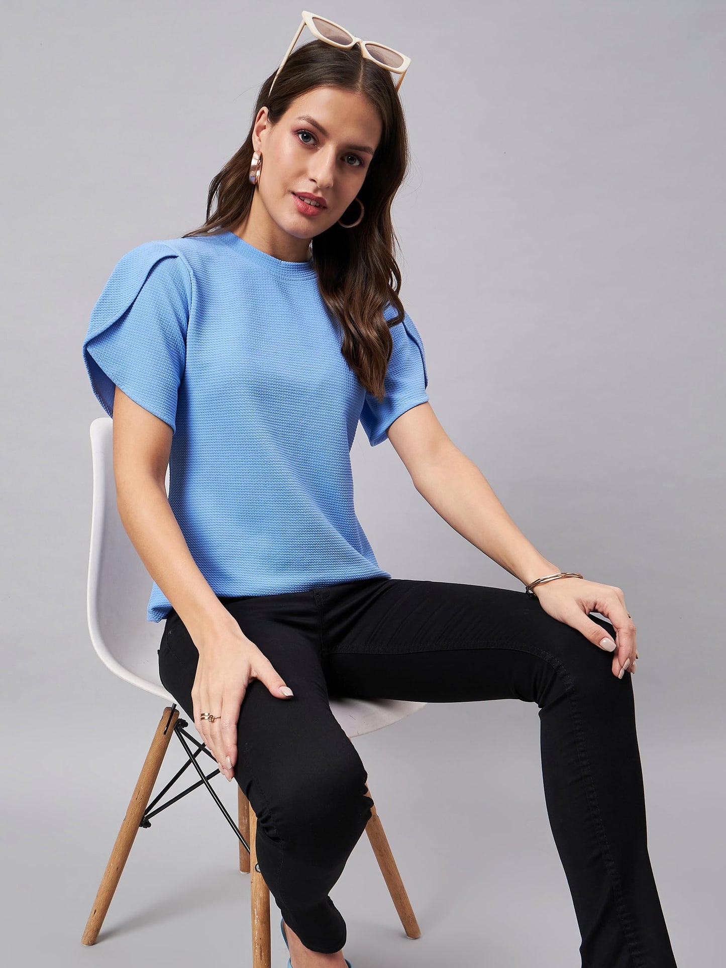 Style Quotient Women Solid Powder Blue Poly Knit Smart Casual Regular Top