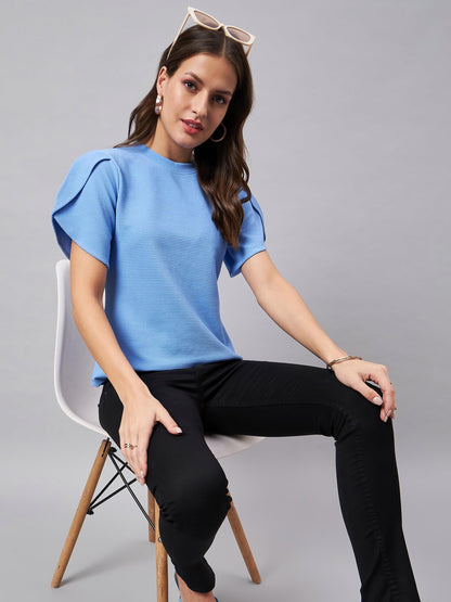 Style Quotient Women Solid Powder Blue Poly Knit Smart Casual Regular Top