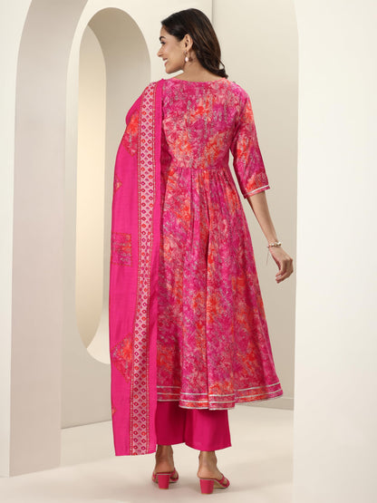Libas Pink Ethnic Motif Printed Anarkali Kurta With Solid Trouser And Printed Dupatta