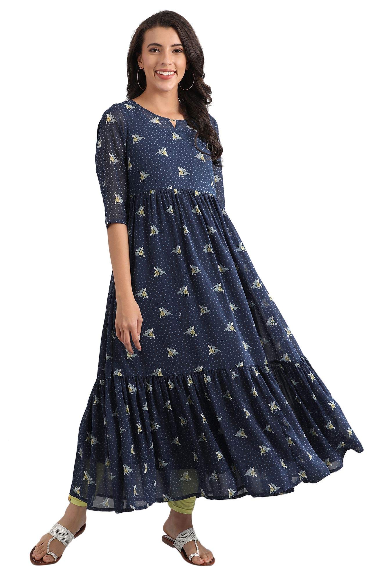 Aurelia Women's Polyester Dark Blue Round Neck Printed Dress Ankle Length