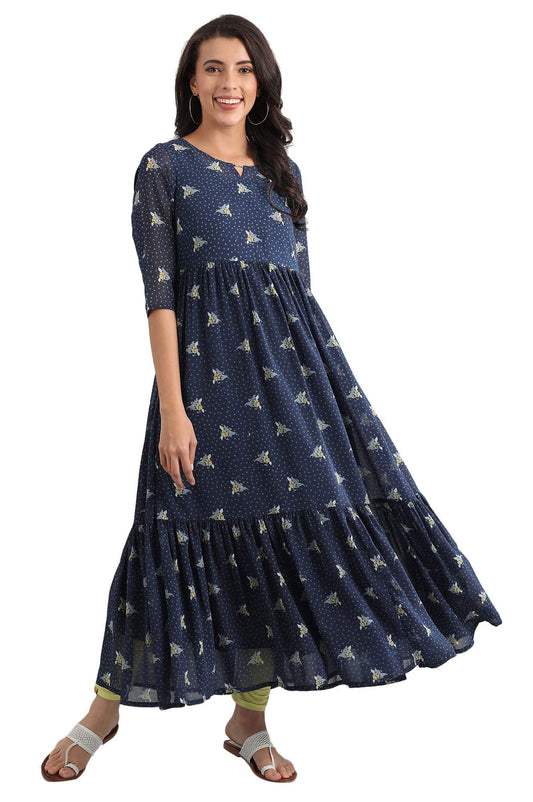Aurelia Women's Polyester Dark Blue Round Neck Printed Dress Ankle Length