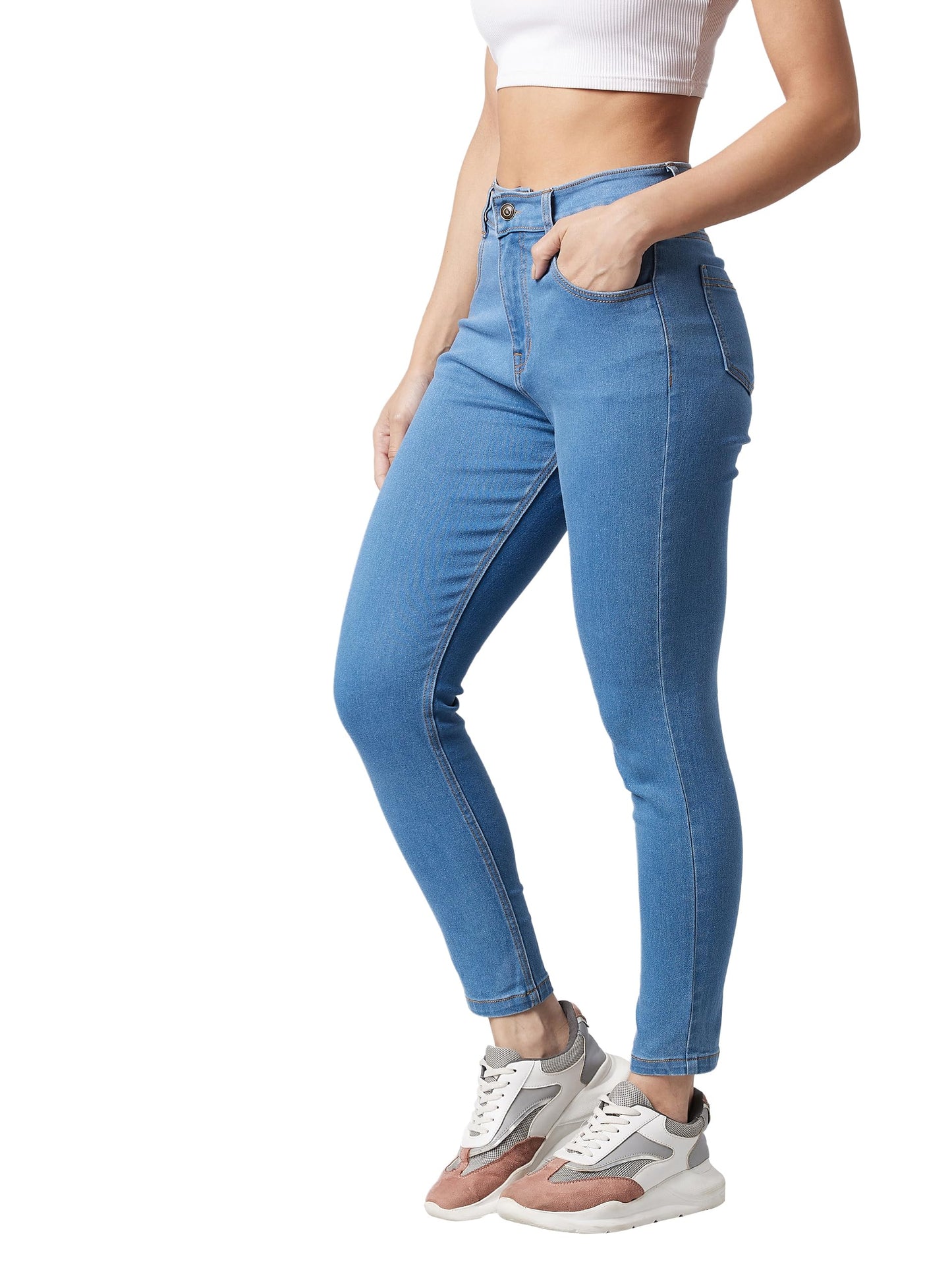Miss Chase WomenS Solid Skinny High Rise Clean Look Cropped Fringe Detailing Solid Stretchable Denim Jeans (Mcss23Den99-67-115-