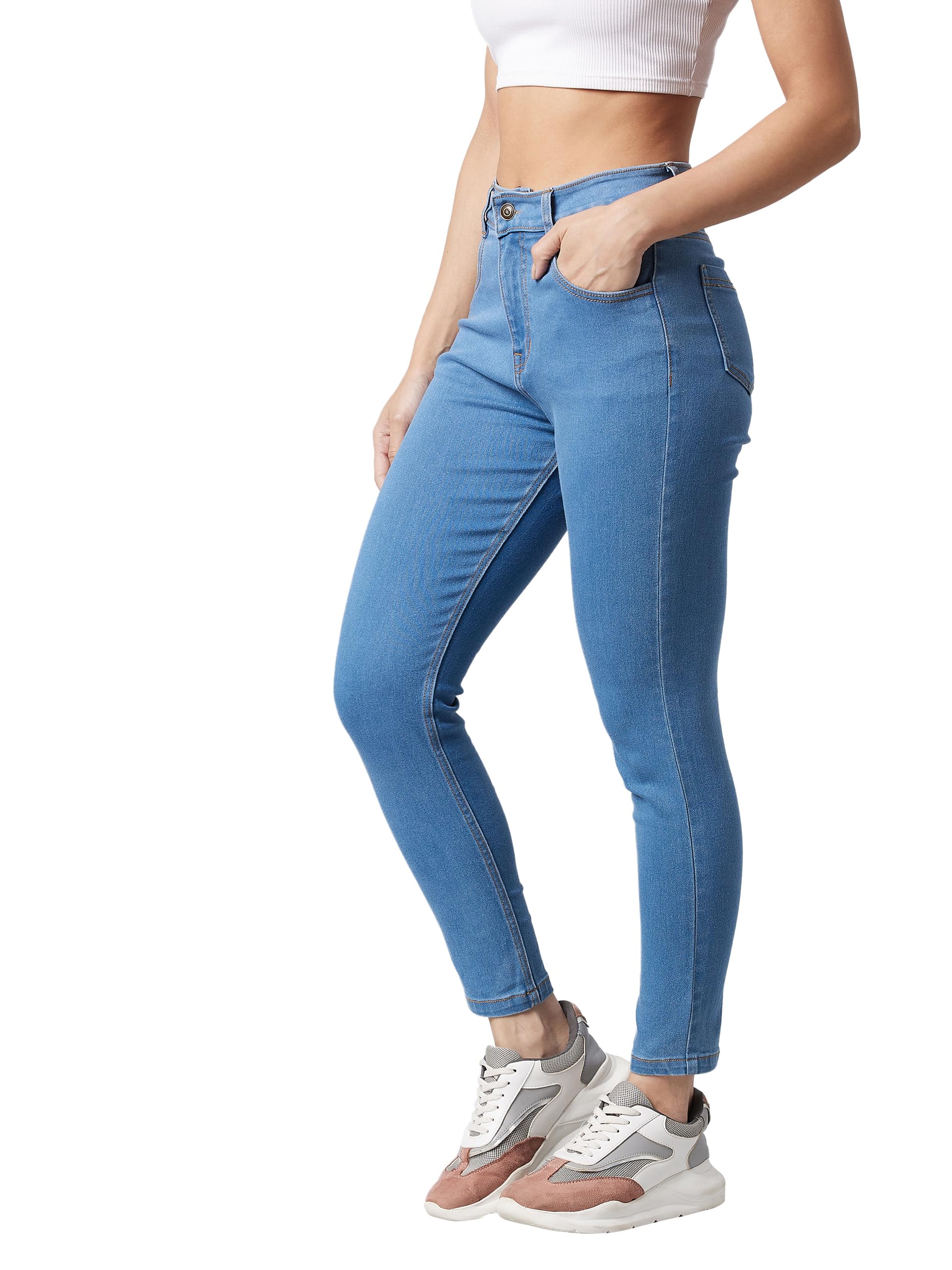 Miss Chase WomenS Solid Skinny High Rise Clean Look Cropped Fringe Detailing Solid Stretchable Denim Jeans (Mcss23Den99-67-115-