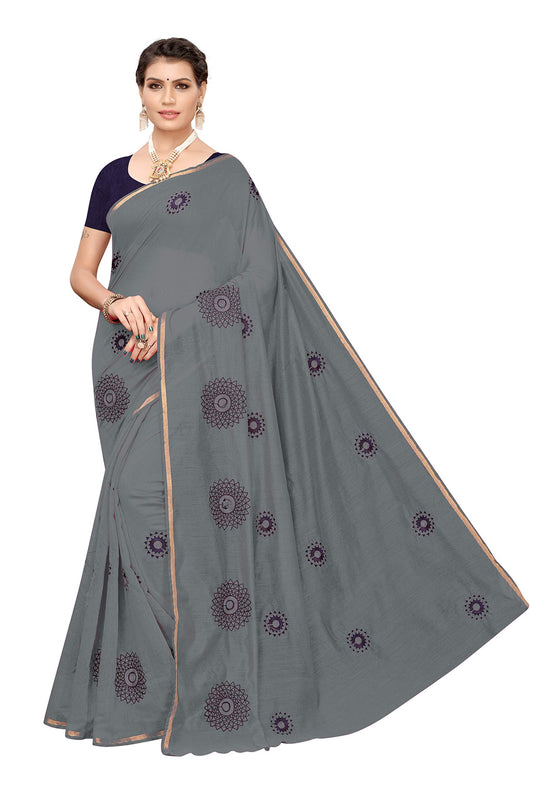 Gosriki WomenS Grey Color Chanderi Embroidered Saree With Blouse Piece(Interpol-Grey_Free Size)