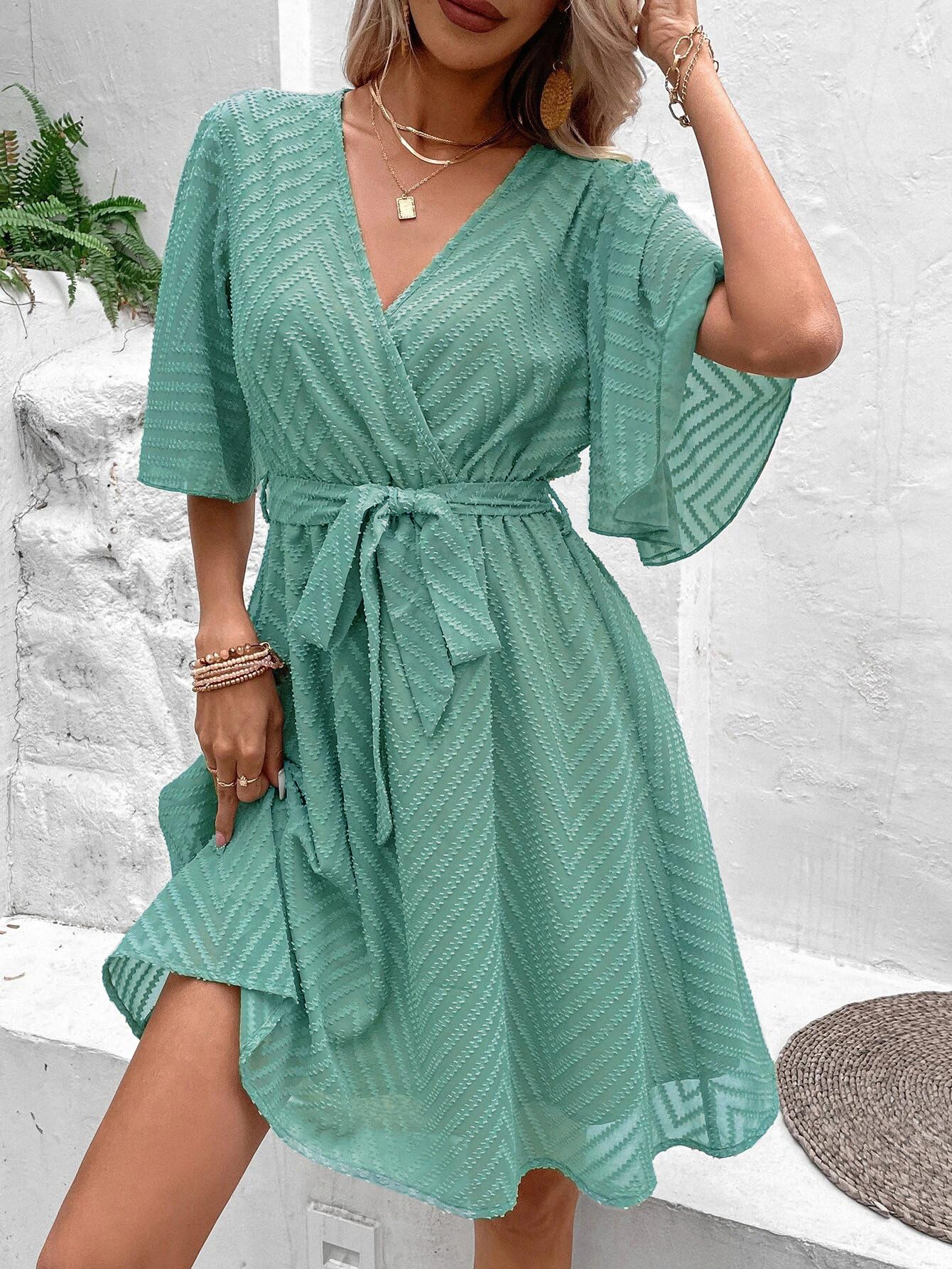 Tagas Women'S Georgette Fit And Flare Knee Knee-Length Dress (Op-3002_Green)