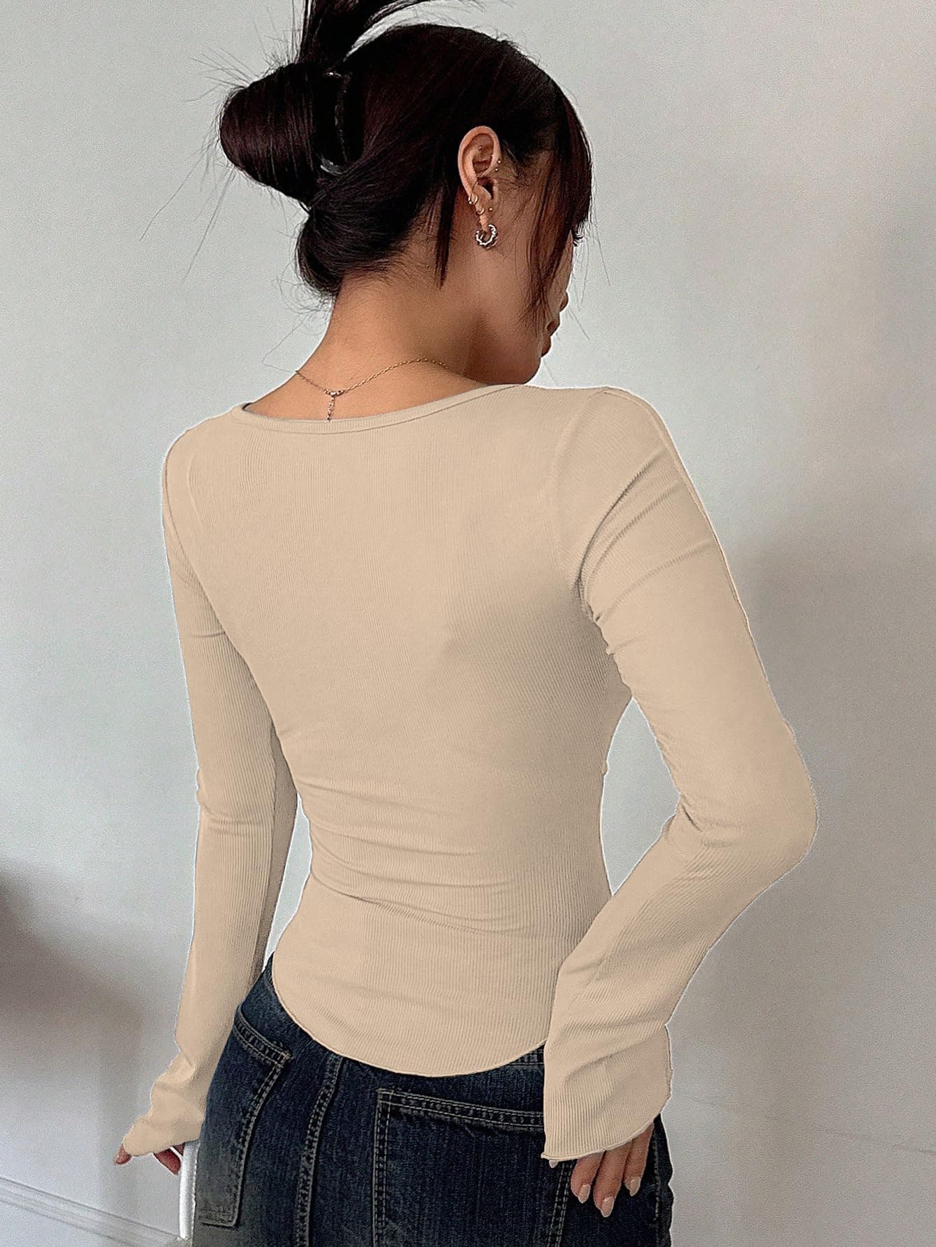 Sugathari Womens Skin Solid Long Sleeve Wrap-Style Square Split Crew Neck Bodycon Women T-Shirt Spring and Summer Top, Minimali