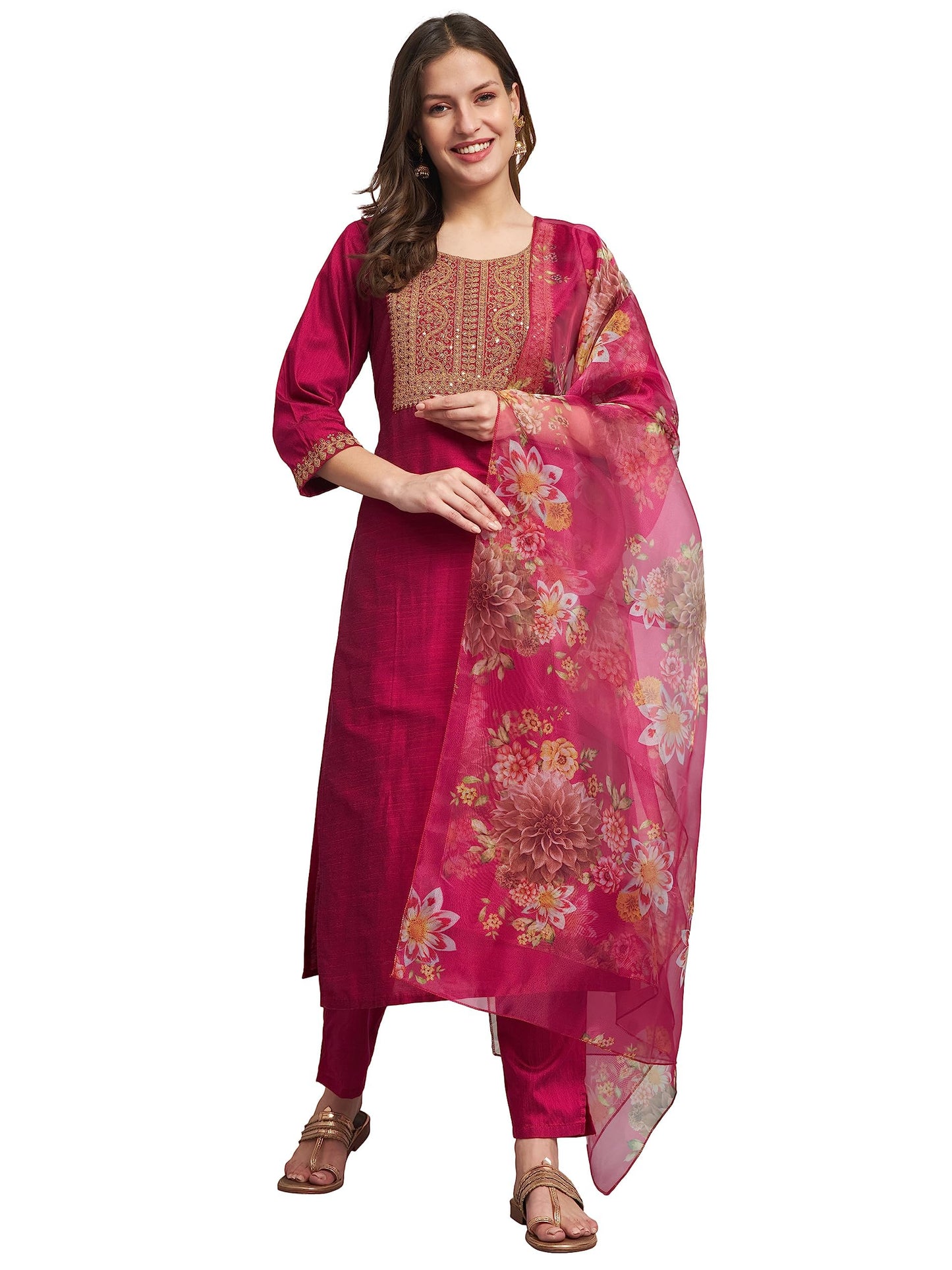 Vredevogel WomenS Embroidered Cotton Silk Blend Kurta Pant With Dupatta Set (Pink_Large)