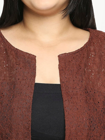 Style Quotient Women Maroon Self Design Floral Lace Open Front Smart Casual Shrug
