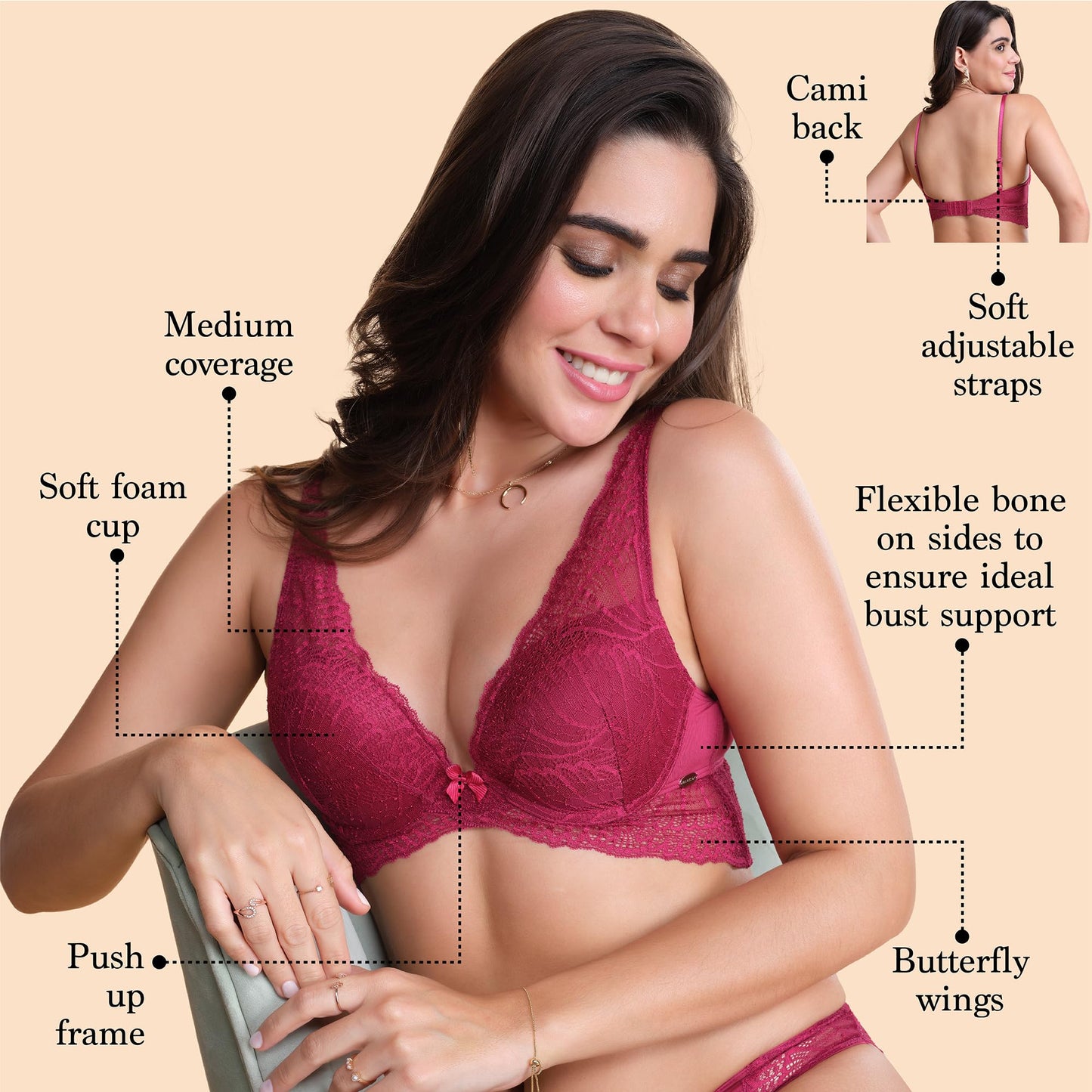 Enamor F091 Butterfly Cleavage Enhancer Plunge Push-Up Bra - Padded Wired Medium Coverage