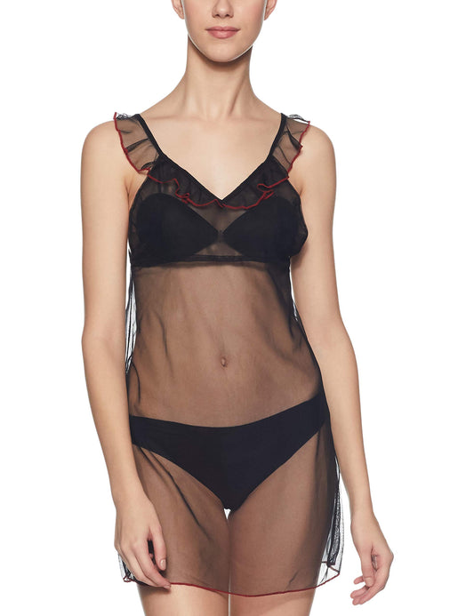 Clovia Womens Sheer Babydoll with Designer Neckline (NS0772P13_Black_Large/X-Large)