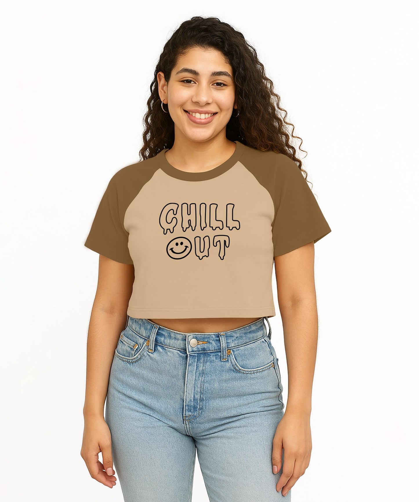 SHODOX 100% Cotton Crop top for Womens - Printed Raglan Sleeve Stylish Tshirt, Relaxed Fit Drop Shoulder Tops for Women