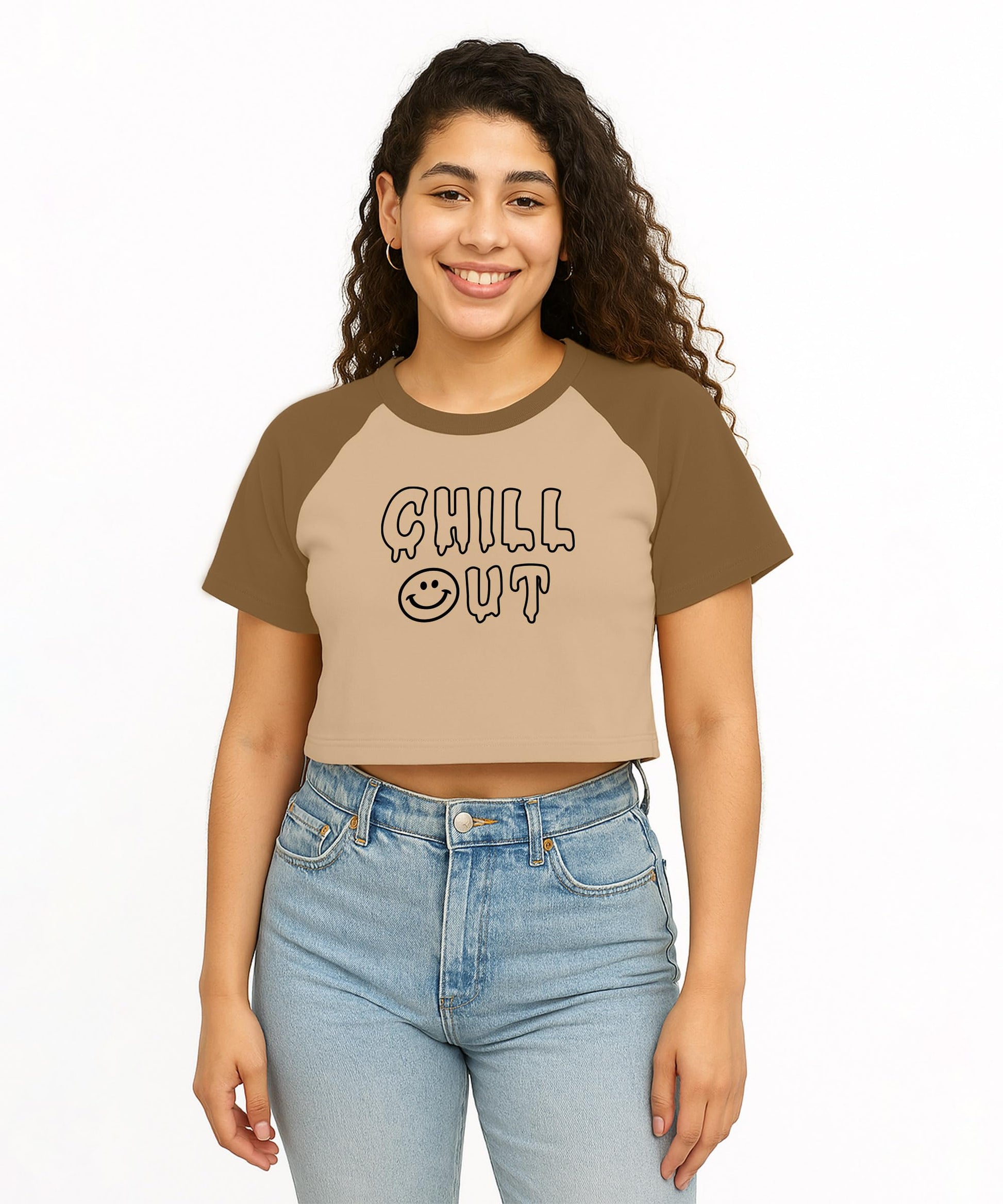 SHODOX 100% Cotton Crop top for Womens - Printed Raglan Sleeve Stylish Tshirt, Relaxed Fit Drop Shoulder Tops for Women