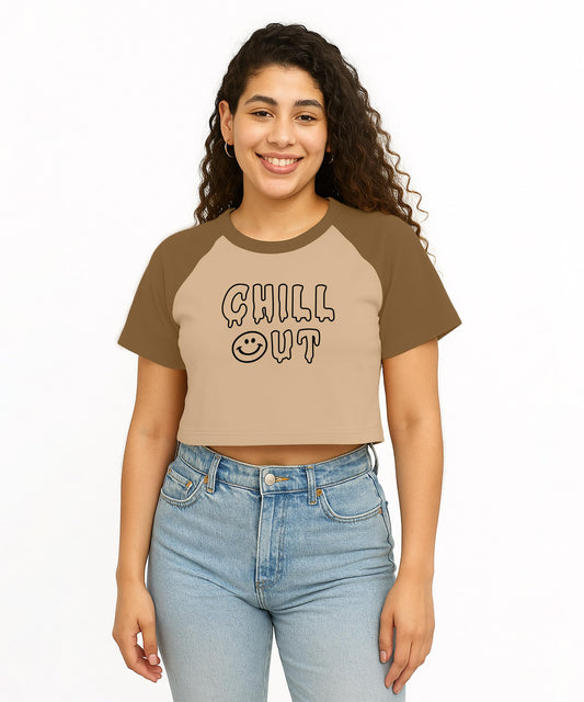 SHODOX 100% Cotton Crop top for Womens - Printed Raglan Sleeve Stylish Tshirt, Relaxed Fit Drop Shoulder Tops for Women