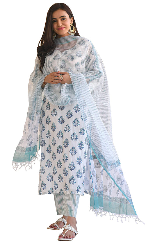 KLOSIA Women's Cotton Kurta With Pant & Dupatta