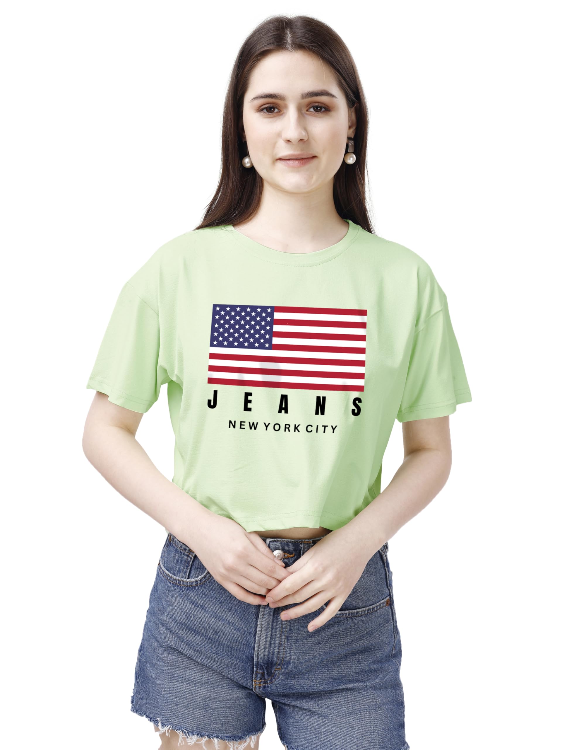 ELLITI Soft Rich Cotton Cyan/See Green Half Sleeve | Round Neck | Oversized/Loose Fit | Down Solder | US Flage Print Crop Top fo