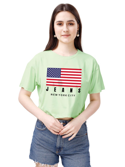 ELLITI Soft Rich Cotton Cyan/See Green Half Sleeve | Round Neck | Oversized/Loose Fit | Down Solder | US Flage Print Crop Top fo