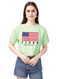 ELLITI Soft Rich Cotton Cyan/See Green Half Sleeve | Round Neck | Oversized/Loose Fit | Down Solder | US Flage Print Crop Top fo