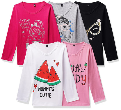 T2F Girls Cotton Printed Regular Fit Full Sleeve T-Shirt(Pack of 5)