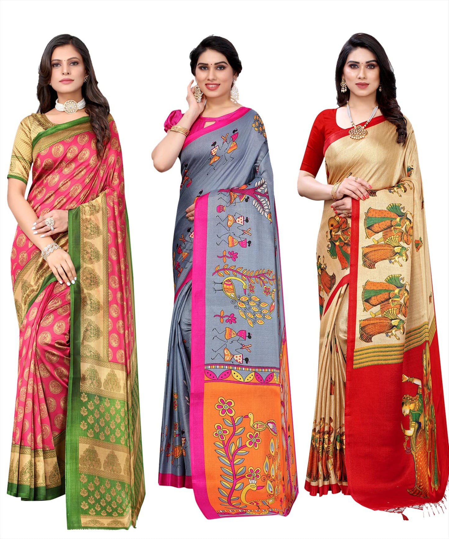 Yashika Womens Combo Art Silk Saree with Blouse Piece-Pack of 3(ALIFA Pink-DANDIYA Grey-RAJARANI CHICKU) Multicolor-04
