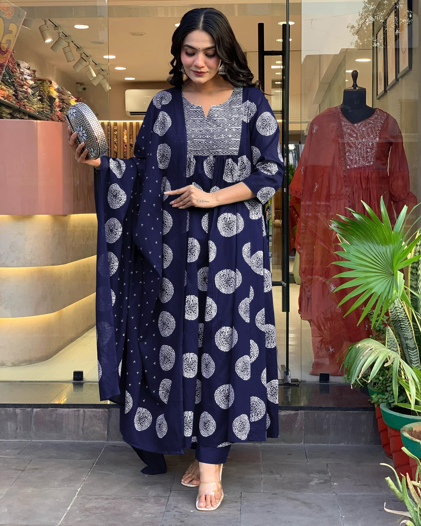 Toochki Dress for Women | Flared Dresses | Three Piece | Embroidered with Printed Work | Rayon Fabric | Navy Blue | with Pant an