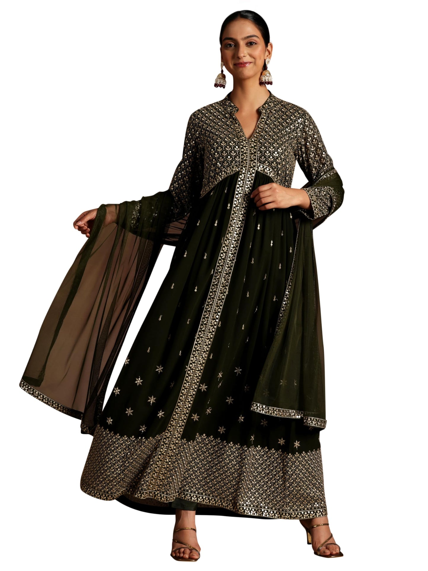 Libas Womens Embroidered Georgette A-Line Kurta With Trousers And Dupatta