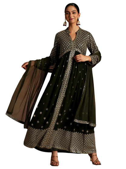 Libas Womens Embroidered Georgette A-Line Kurta With Trousers And Dupatta
