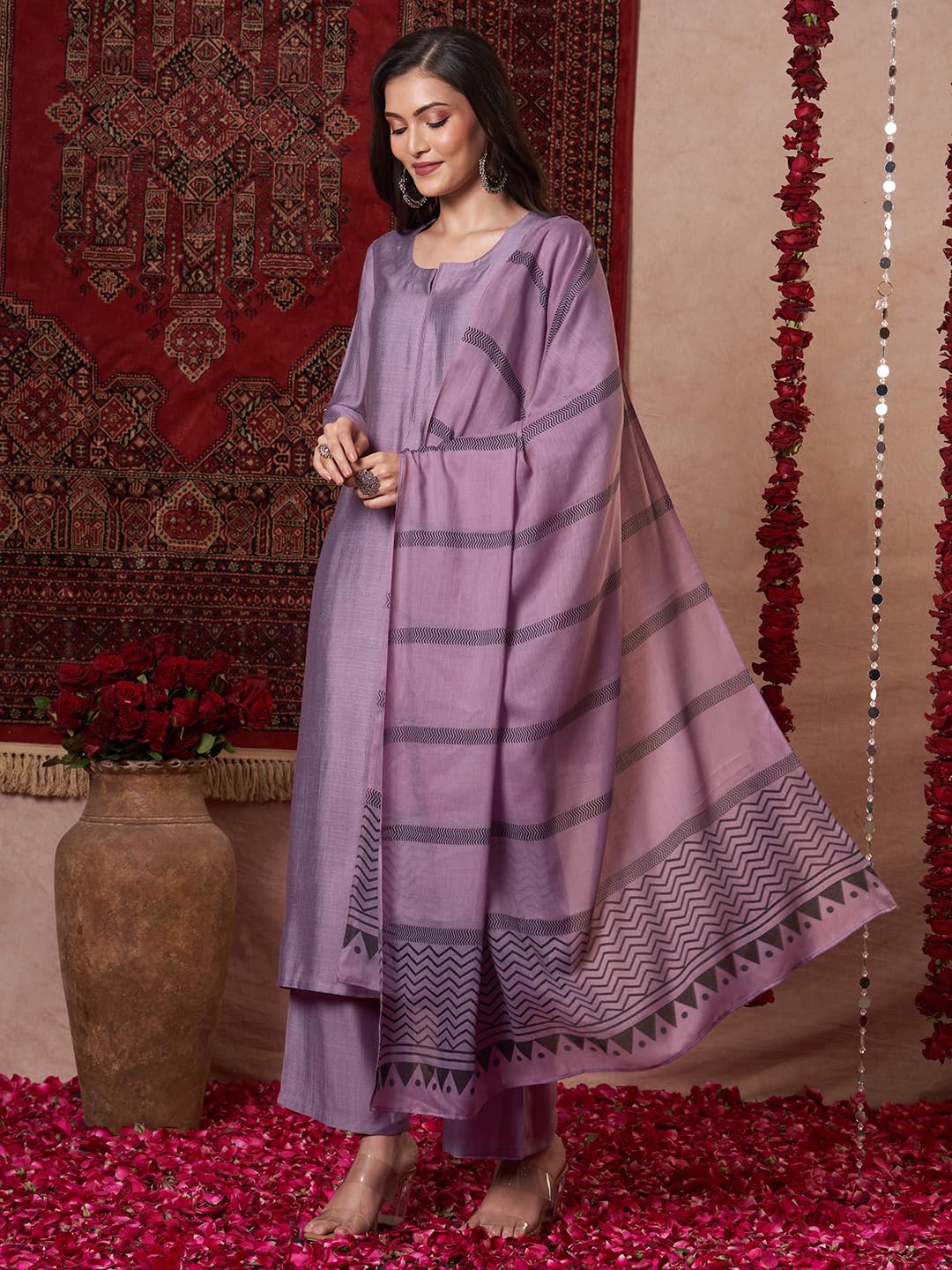 GoSriKi Women's Viscose Straight Kurta Set with Trousers & Dupatta, 3XL, Purple, Model Raja Saab Purple-VKS13-GS