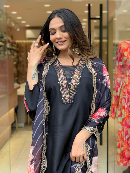 Goroly WomenS Cotton Blend Straight Cut Kurta Pant With 3/4 Sleeve Square Neck Calf Length And Printed Dupatta A-Line Style