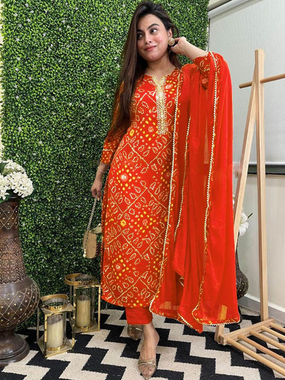 GoSriKi Women's Kurta Bandhej Straight Printed Rayon Blend Set, Large, Orange, Model TURAE-RED-G8S