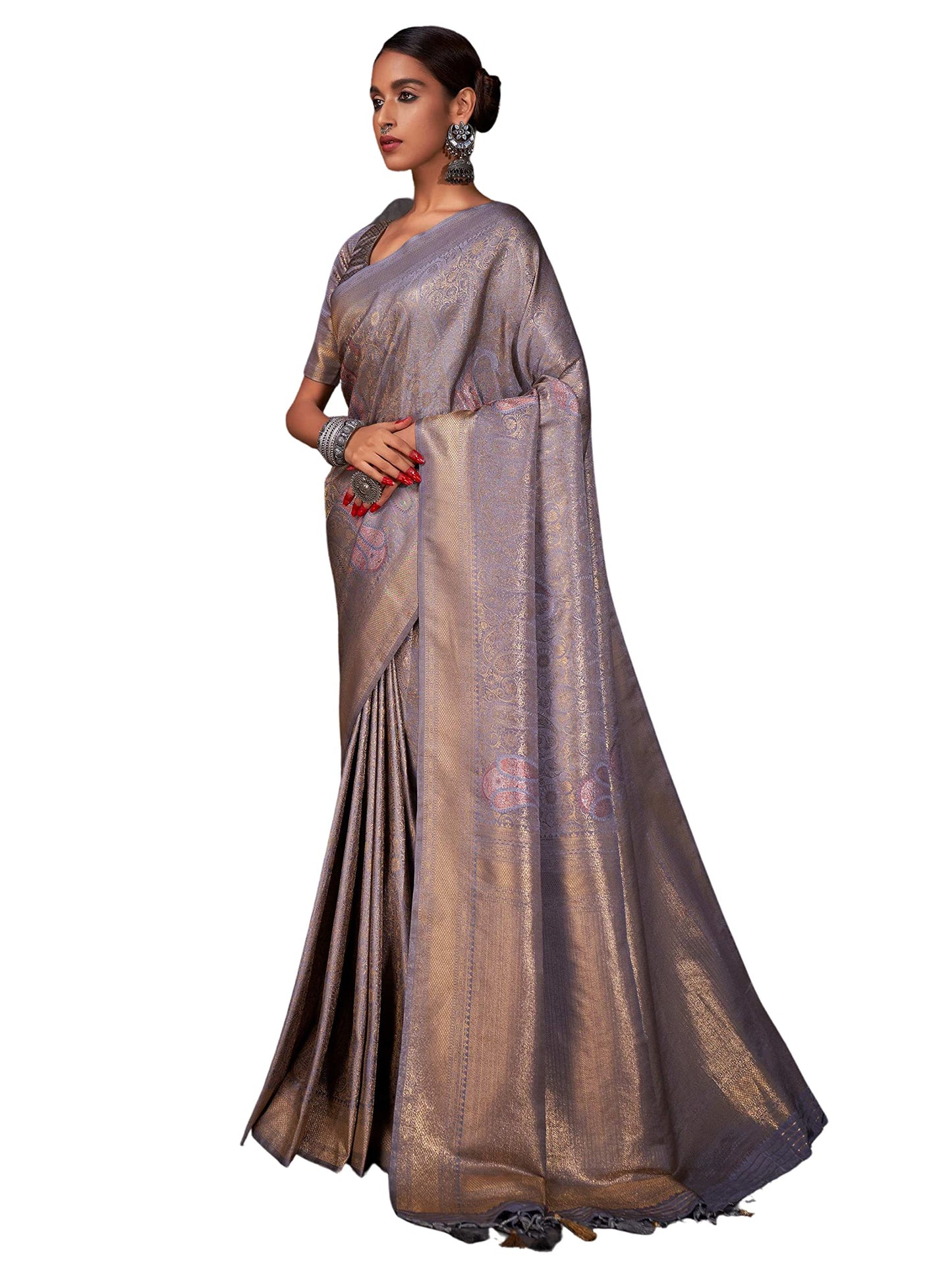 Vardha WomenS Kanchipuram Art Silk Saree With Unstitched Blouse Piece - Gold Copper Silver Zari Woven Work Sarees For Wedding (