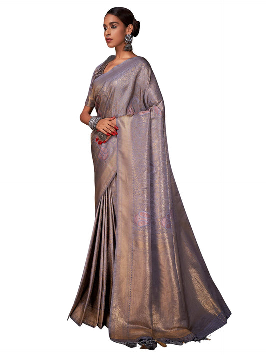 Vardha WomenS Kanchipuram Art Silk Saree With Unstitched Blouse Piece - Gold Copper Silver Zari Woven Work Sarees For Wedding (