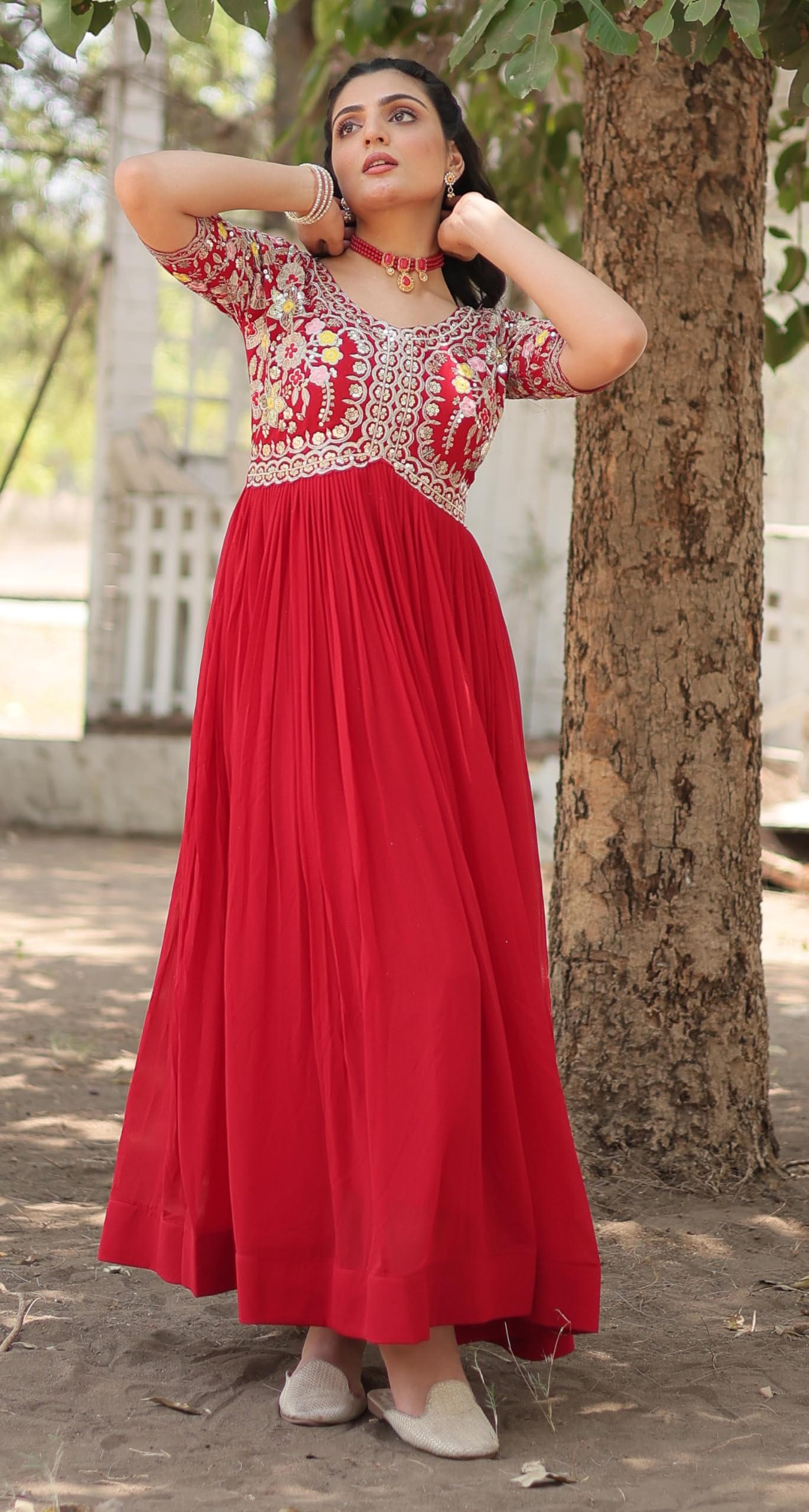 Fashion Basket WomenS Georgette Anarkali Gown Red