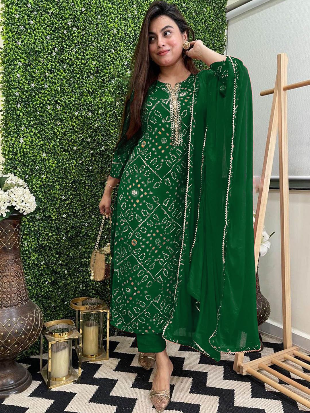 GoSriKi Printed Viscose Rayon Kurta Set for Women - Medium, Green, Model TURAE-RED-GS