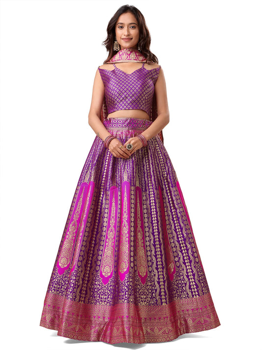 Purvaja WomenS Jacquard Semi-Stitched Lehenga Choli (Lihaaz-Wine_Wine_Free Size)