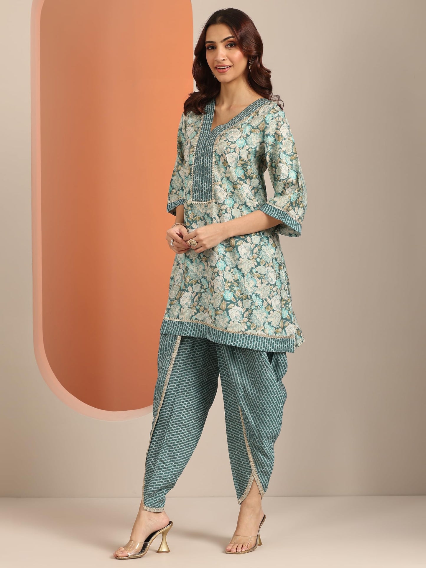 Libas Womens Printed Silk Blend A-Line Kurta With Dhoti Pant