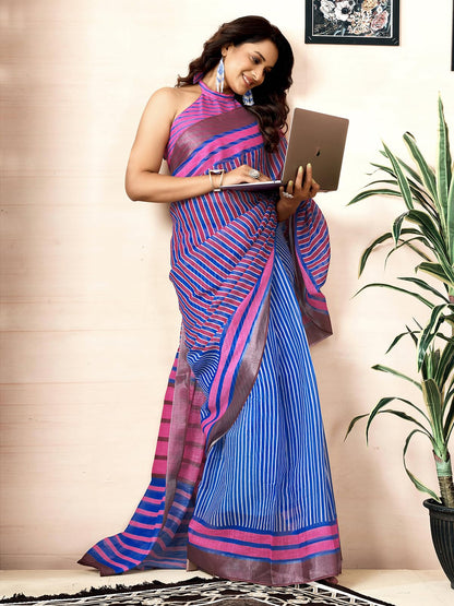 Satrani Womens Linen One Minute Pre Stitched Zari Stripe Border Printed Ready To Wear Saree With Attached pocket & Unstitched B