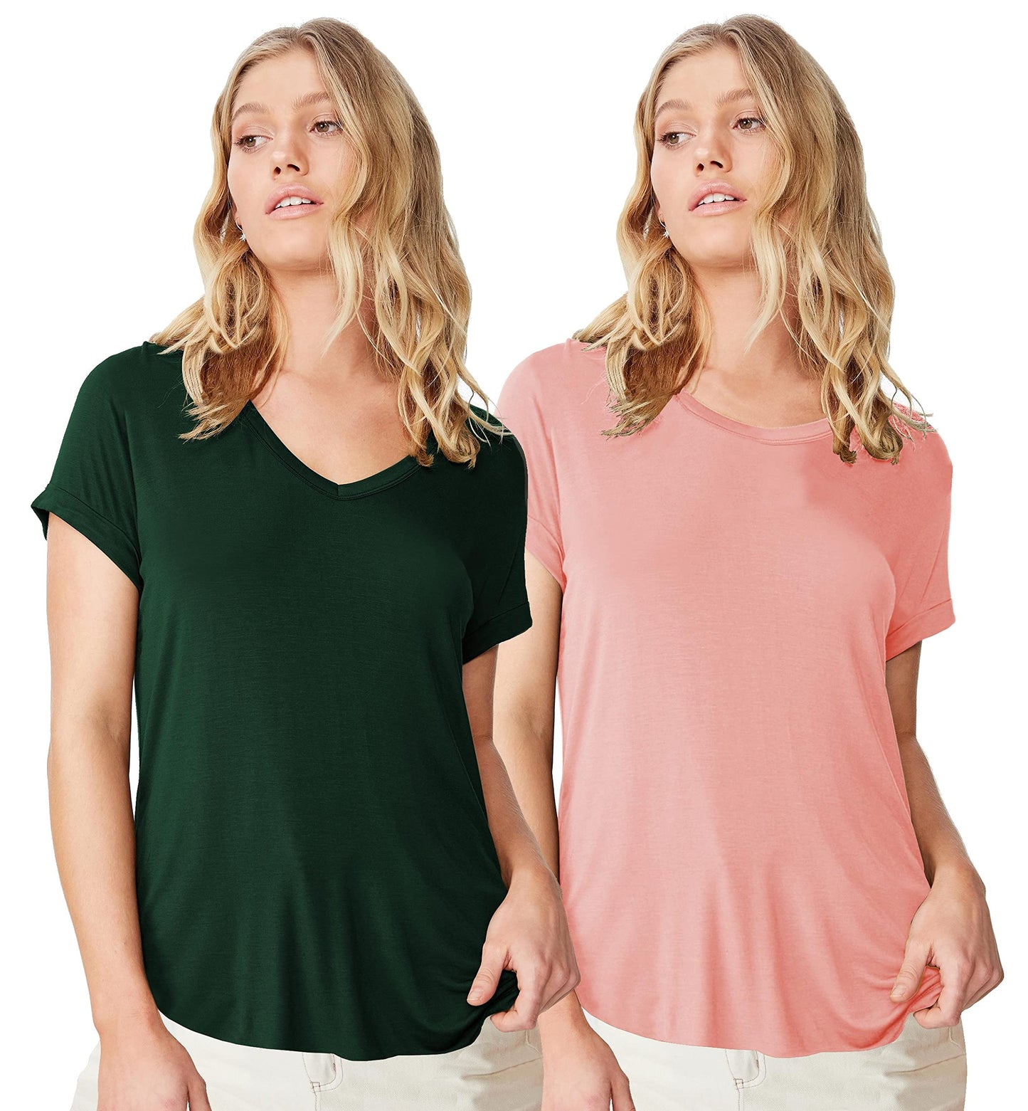 Fabricorn Combo Of Plain Bottle Green V-Neck And Dusty Rose Round Neck Up And Down Cotton Tshirt For Women (Bottle Green And Dus