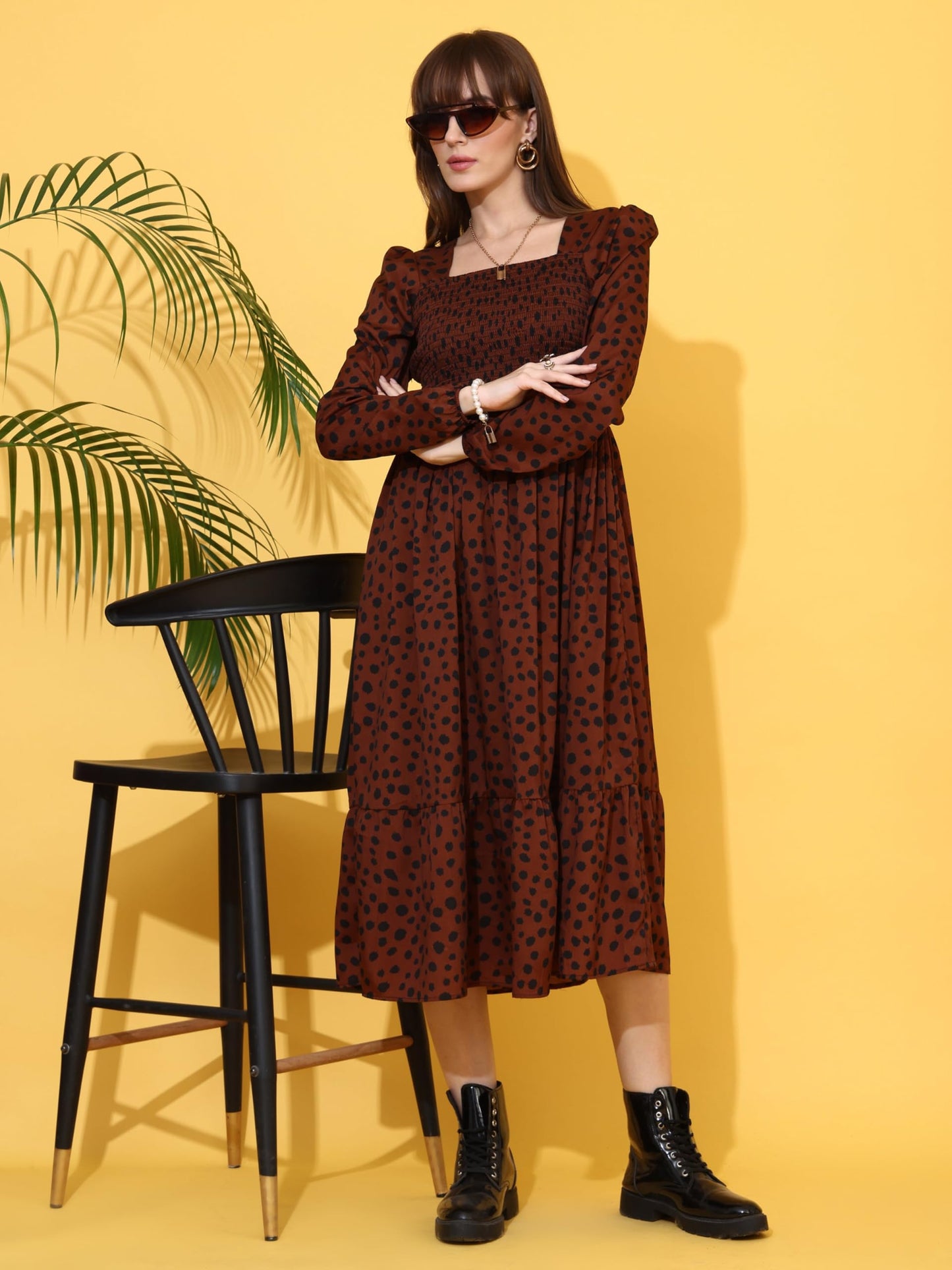 Sheetal Associates WomenS Crepe Fabric Frock Dress With Long Puff Sleeves Collared Neck Printed Pattern And Calf Length Pull On