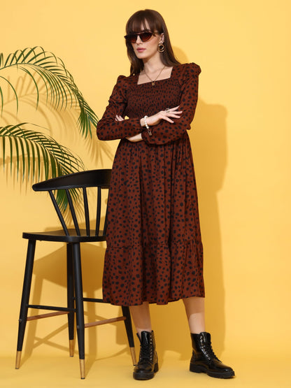 Sheetal Associates WomenS Crepe Fabric Frock Dress With Long Puff Sleeves Collared Neck Printed Pattern And Calf Length Pull On