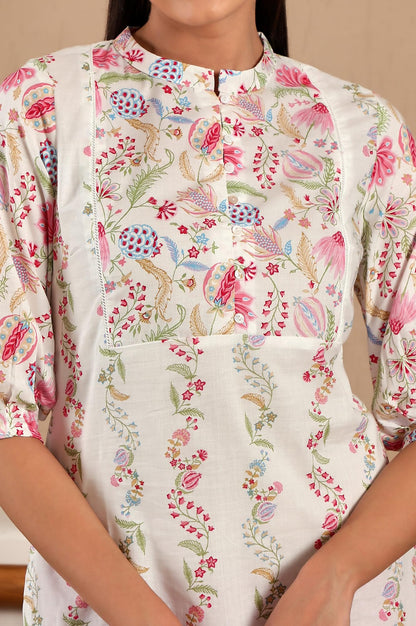 W For Woman White Floral Printed Pure Cotton Straight Kurta With Gathered Sleeves