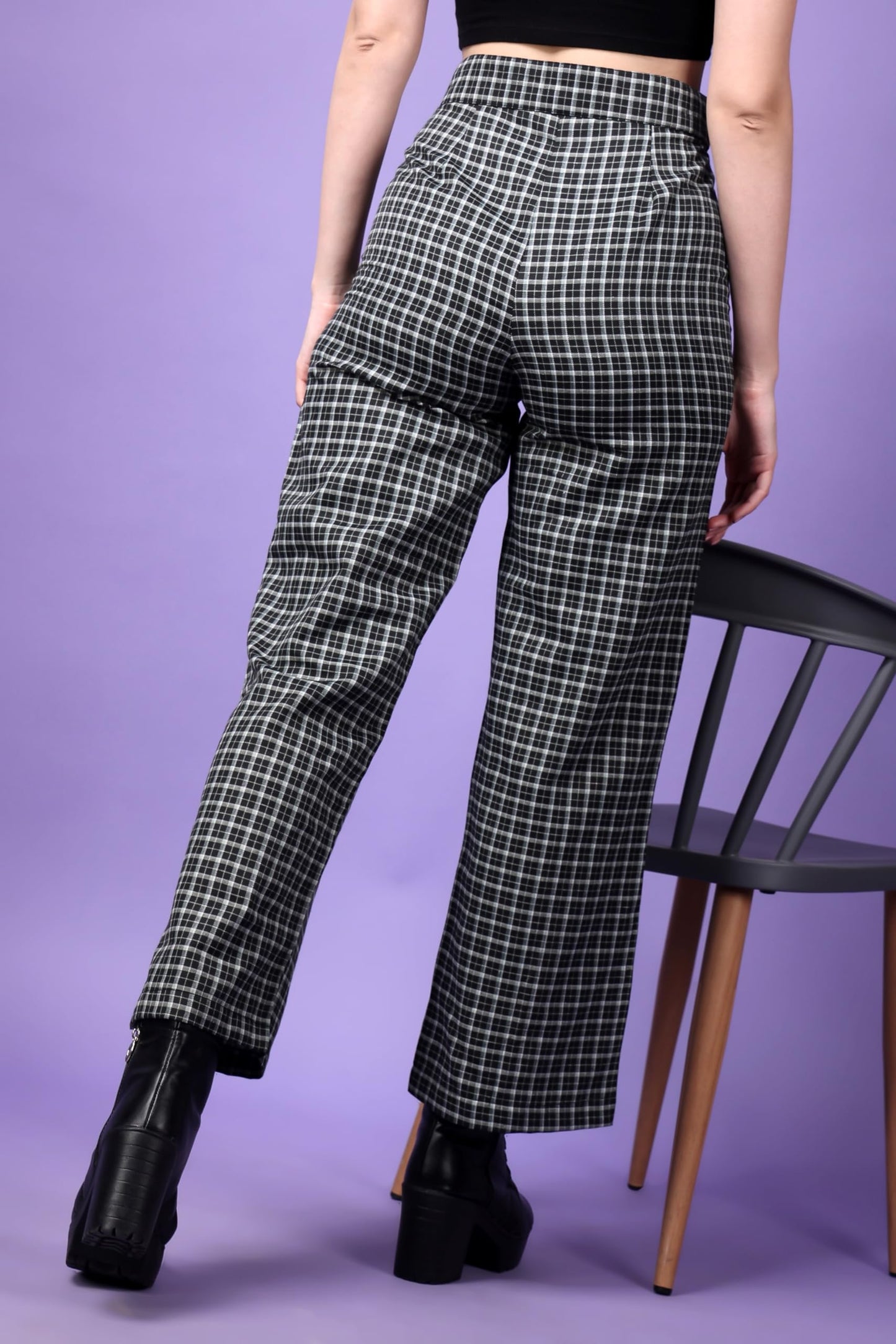 POPWINGS Casual Check Print Button and Zip Closure Trouser for Women | Western Wide-Leg Trouser for Women | Summer Trousers for