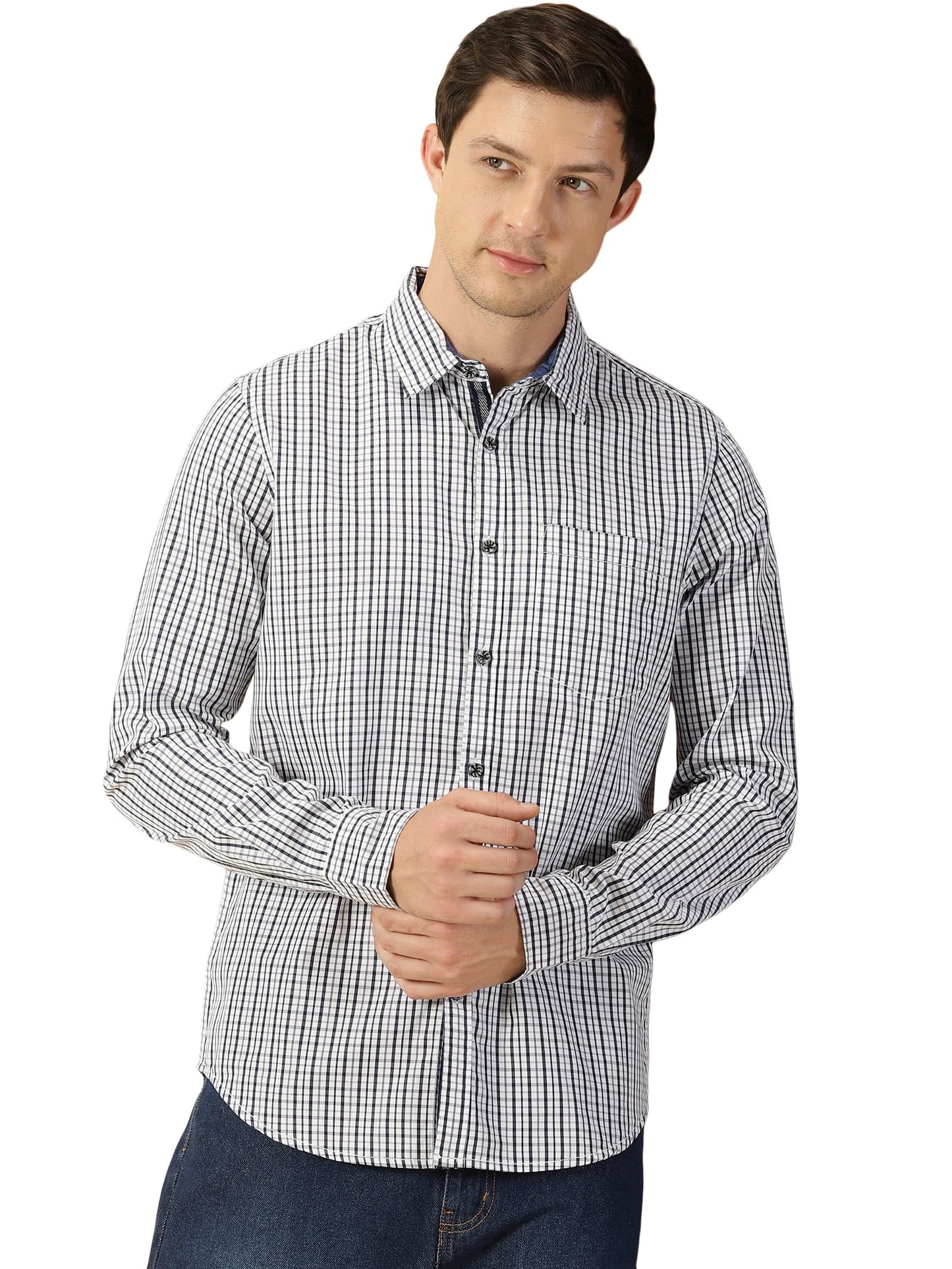 Thomas Scott Mens 100% Cotton Slim Fit Full Sleeves Spread Collar Solid Casual Shirt Navy Blue