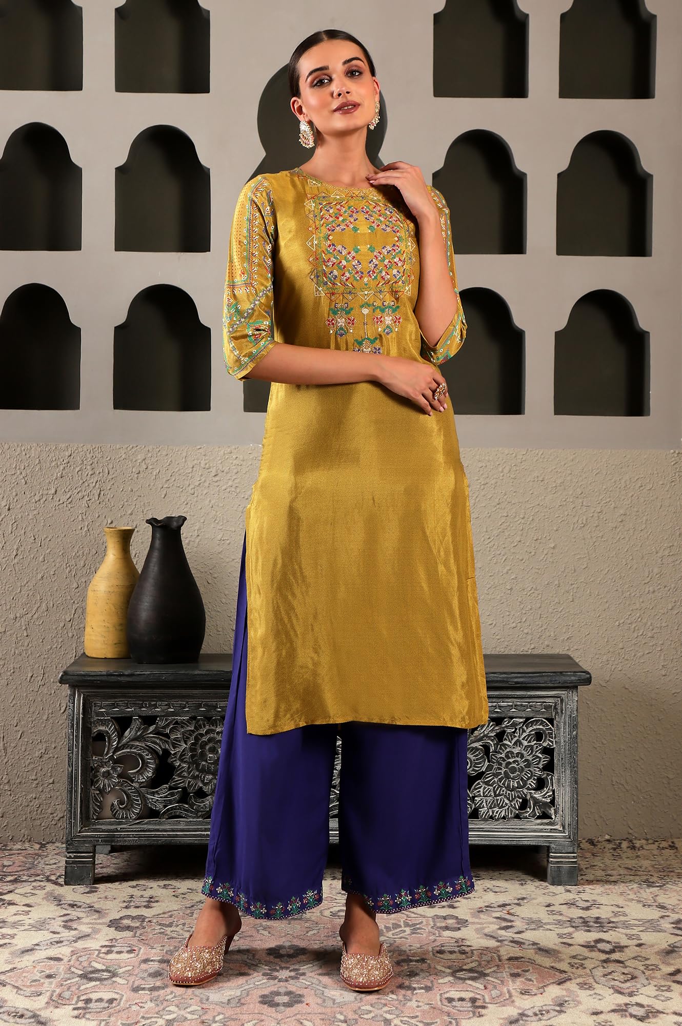 W Dark Yellow Embroidered Straight-Long Kurta for Women