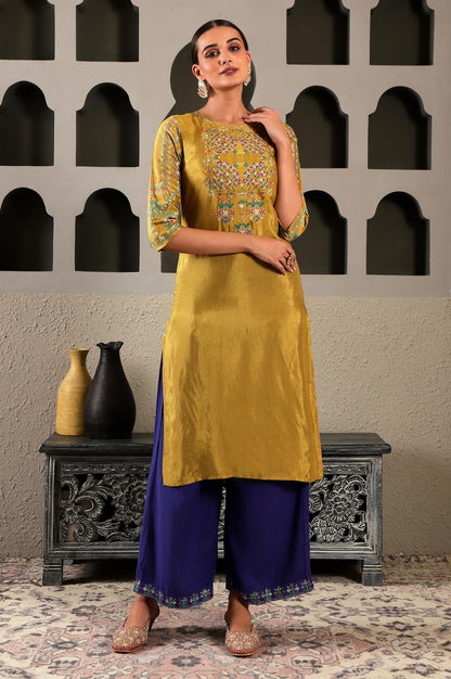 W Dark Yellow Embroidered Straight-Long Kurta for Women