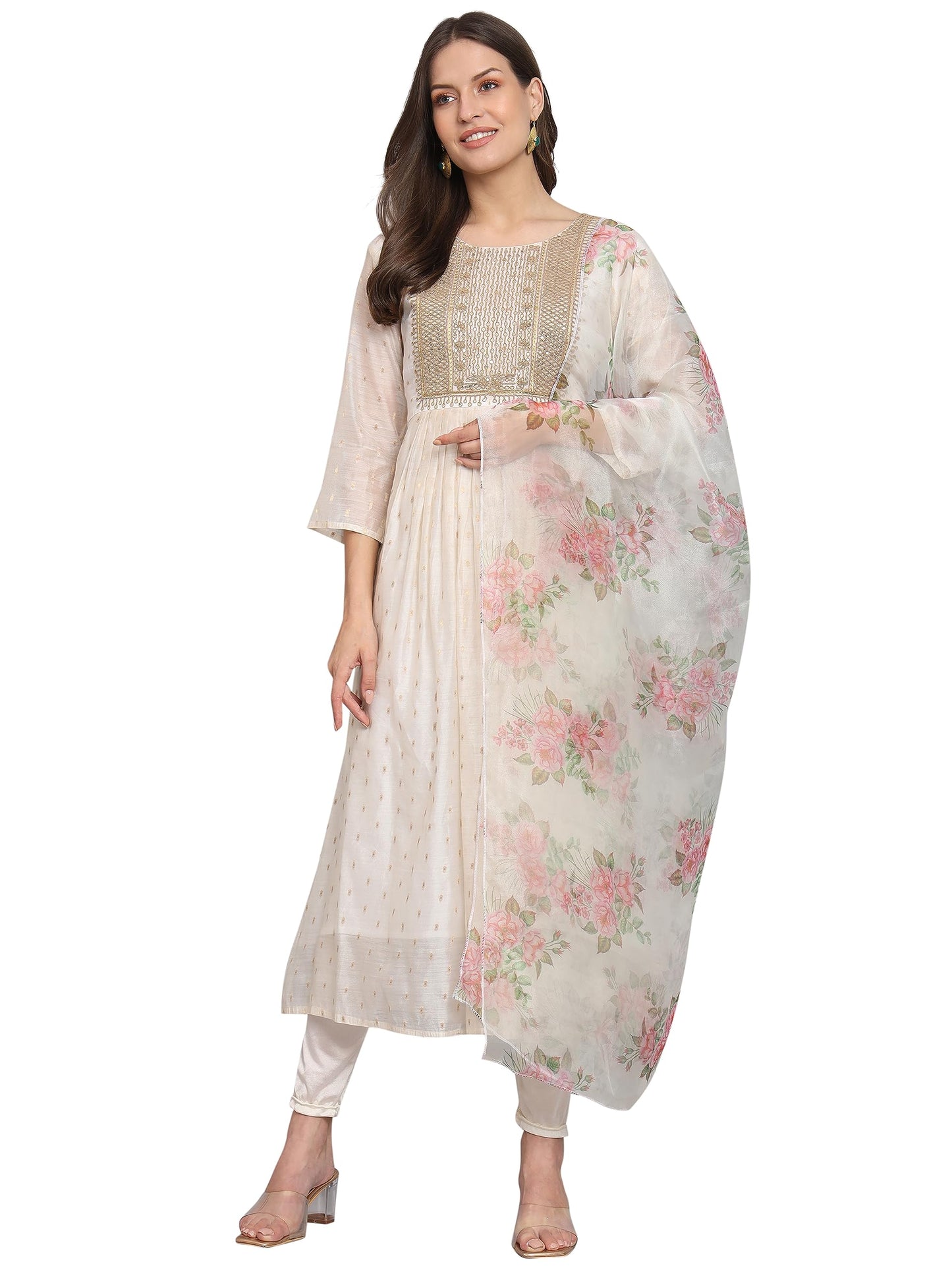 Vredevogel WomenS Chanderi Modal Butti Kurta With Stretchable Leggings & Organza Dupatta Set (Off-White_Large)