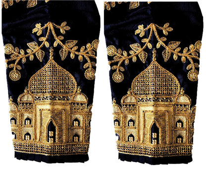 Pujia Mills WomenS Multicolor Heavy Hand Embroidery Taj Mahal Design Work Khatli Work Phantom Silk Readymade Saree Half Sleeve