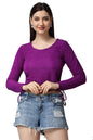 POPWINGS Casual Self Design Regular Fit Polyester Full Sleeves Crop Tops for Women with Crush String Purple