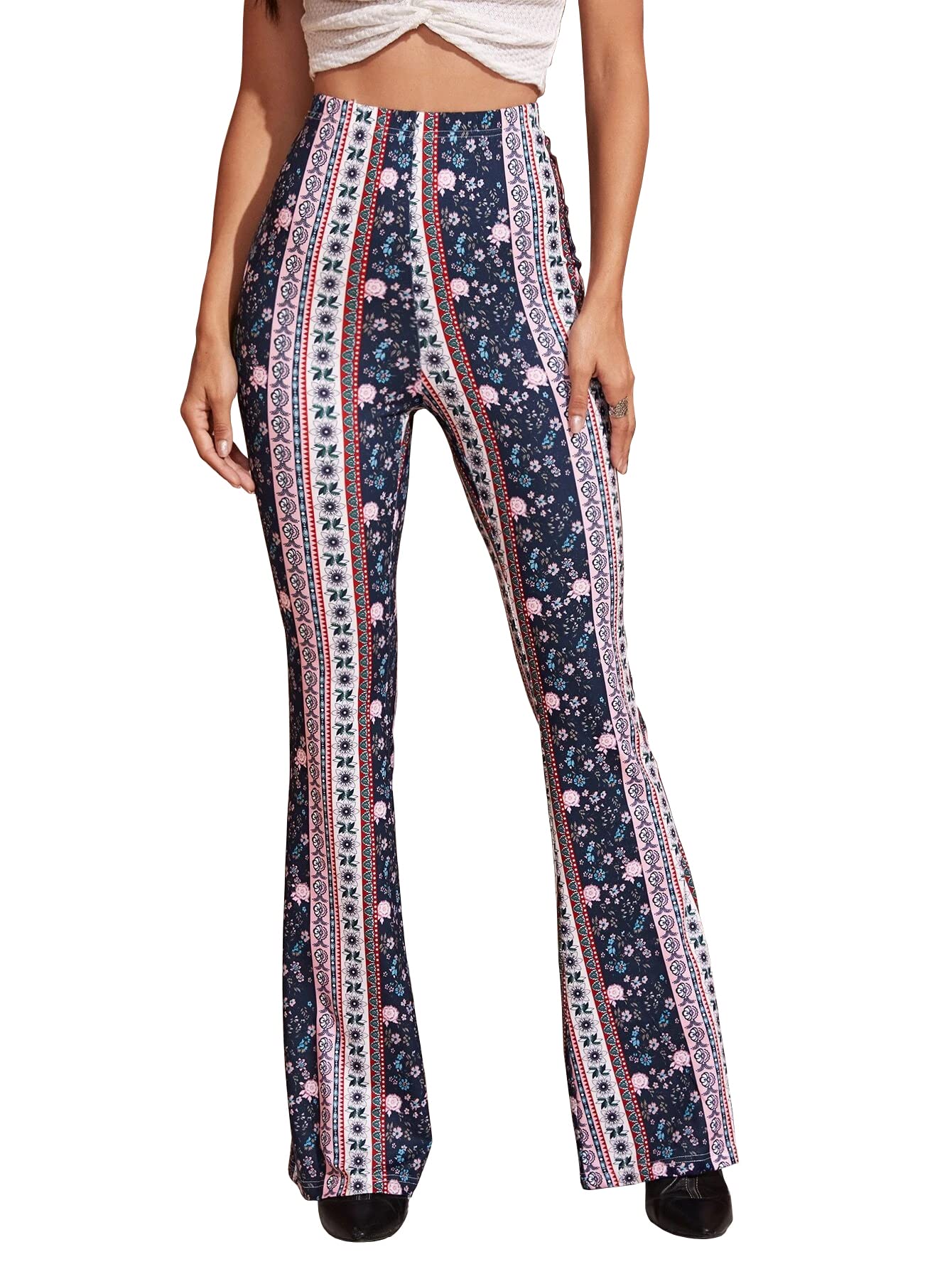 Shasmi Womens & Girls Navy Bluw Geo Print Dress Pants Stretchy Work Slacks Business Casual Office Bell-Bottom/Boot-Cut Elastic