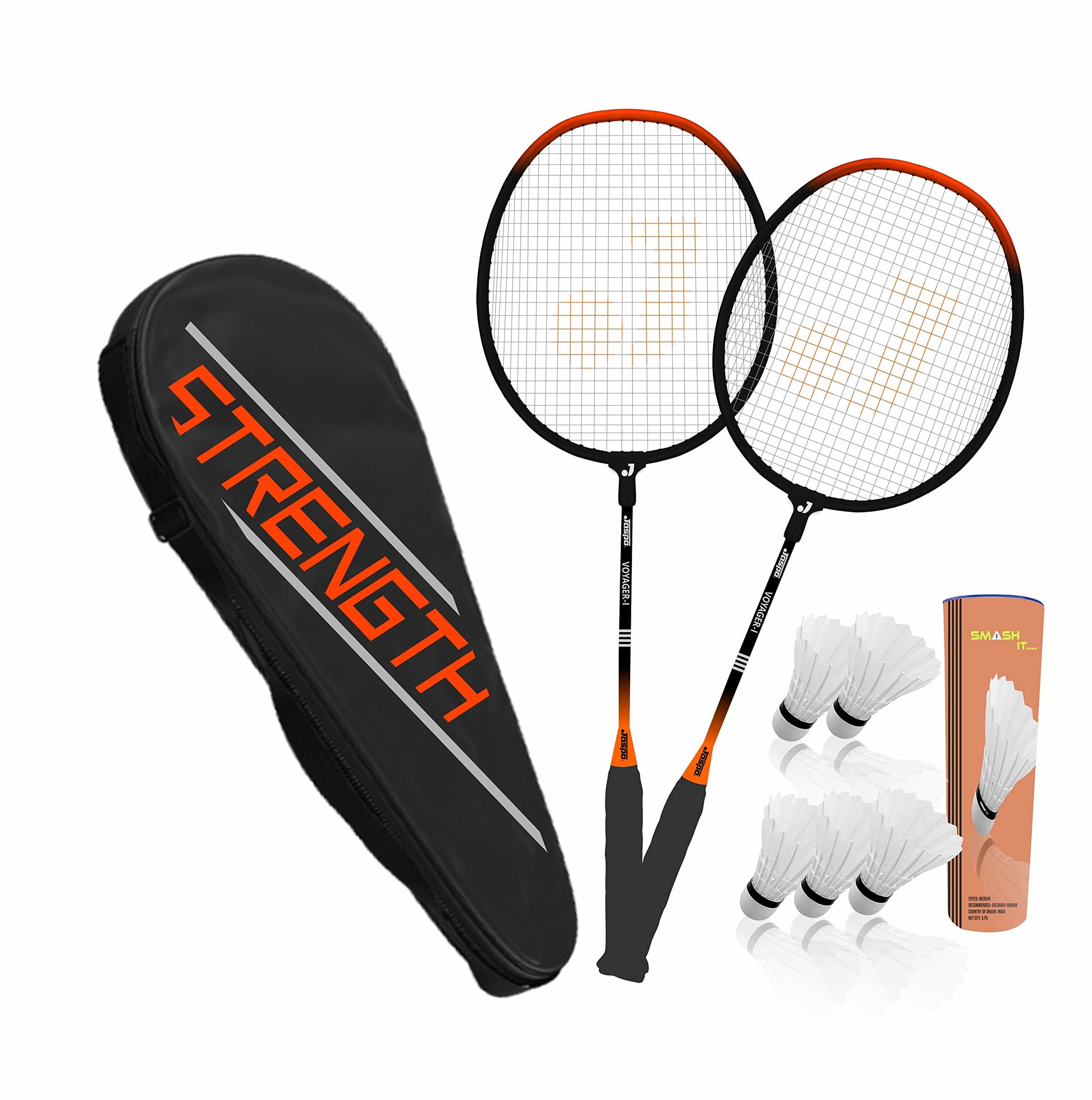 Jaspo GET Set Steel Badminton Racket Combo Set, Lightweight Badminton Racquet (1 Pair) with 5 pc Feather shuttlecocks and 1 Carr