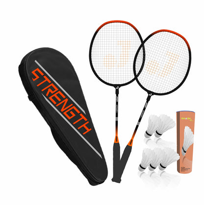 Jaspo GET Set Steel Badminton Racket Combo Set, Lightweight Badminton Racquet (1 Pair) with 5 pc Feather shuttlecocks and 1 Carr